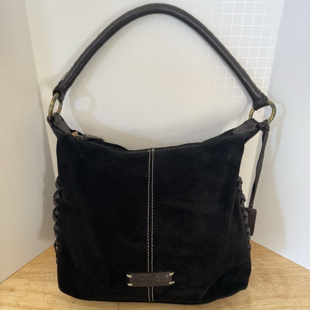 Vintage Guess Black Suede Handbag Hobo Brown Leather Lacing